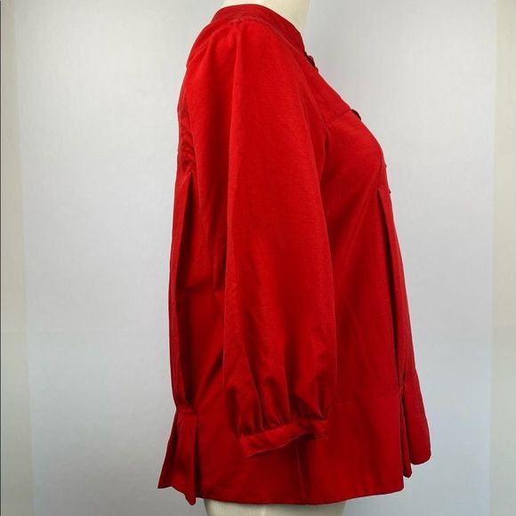 ATTENTION Red 3/4 Sleeve Pleated Ruffle Button Blouse Top - Picture 3 of 8